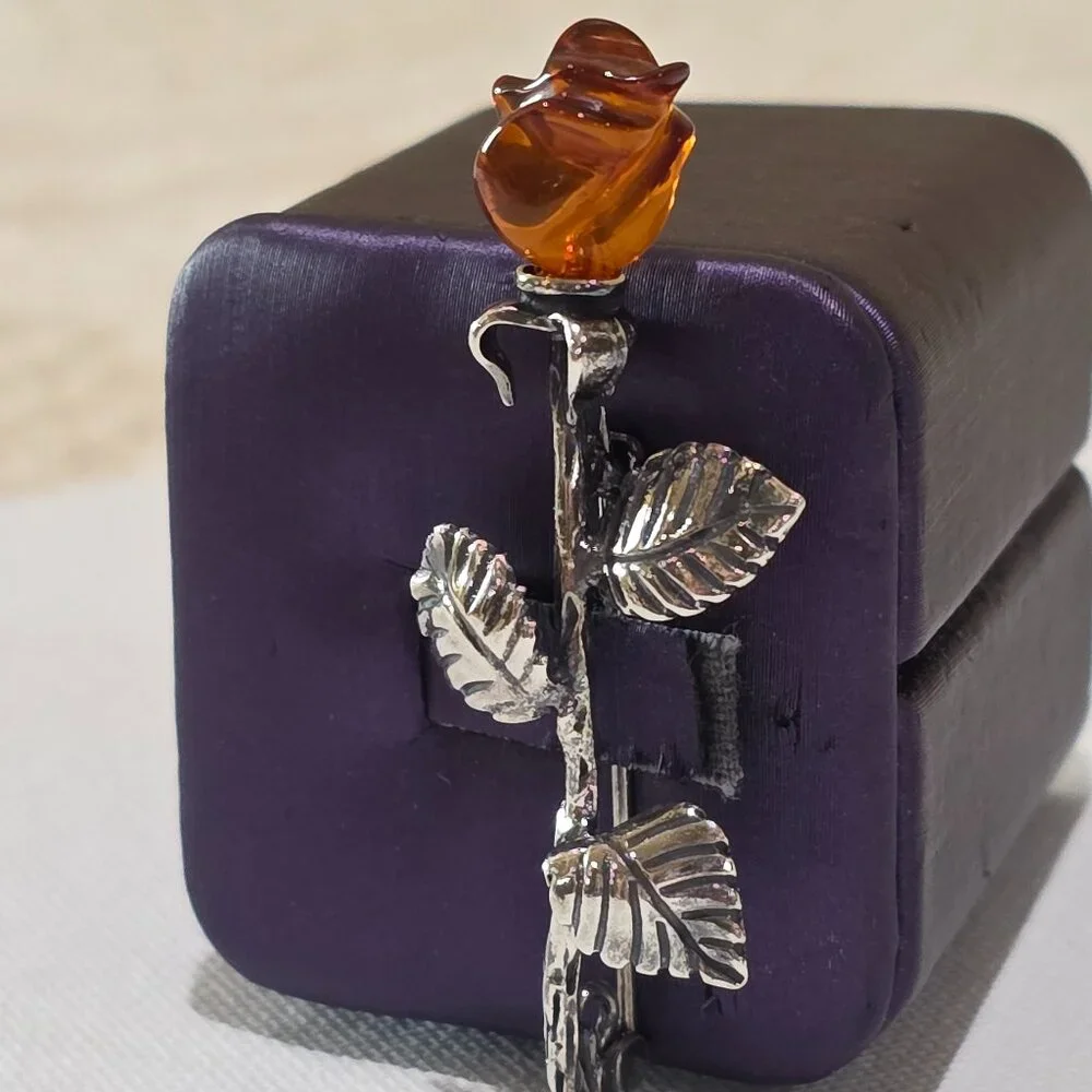 Vintage Carved Baltic Amber Rose Flower High Detail Sterling Silver Pin Brooch
